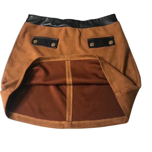 Brown Faux Suede Mini Skirt with Black Faux Leather Trim & Gold Button Detail - Picture 3 of 11